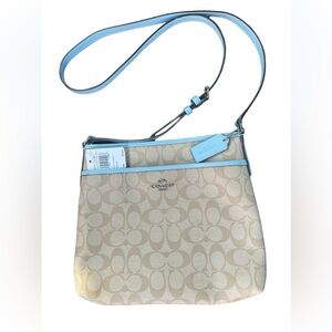 RARE COLOR! Coach Signature canvas khaki/ powder blue zip file crossbody